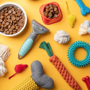 Pet care concept, various pet accessories and tools on yellow background, flat lay